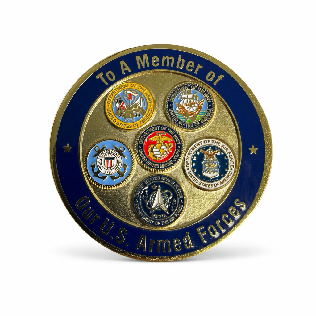 Gold with Blue challenge coin back, six branch emblems including Space Force