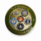 Gold with Green challenge coin back, six branch emblems including Space Force