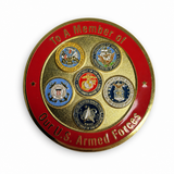 Gold with Red challenge coin back, six branch emblems including Space Force