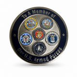 Silver with Blue challenge coin back, six branch emblems including Space Force