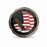 Silver challenge coin front, American flag and eagle