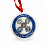 Ceramic ornament back with red ribbon, branch emblems