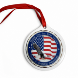 Ceramic ornament front with red ribbon, American flag and eagle