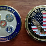The Original Grateful American Challenge Coin, gold with blue, five branch emblems