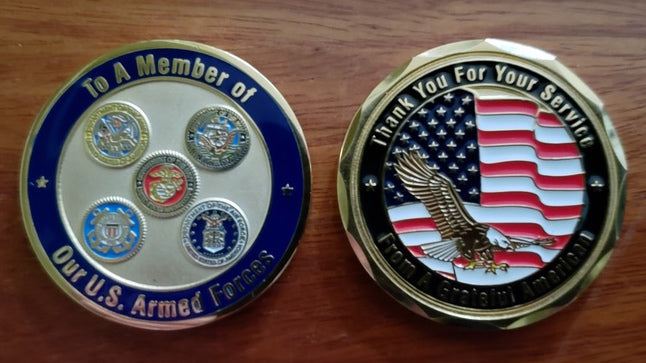 The Original Grateful American Challenge Coin, gold with blue, five branch emblems