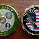 The Original Grateful American Challenge Coin, gold with green, five branch emblems