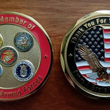 The Original Grateful American Challenge Coin, gold with red, five branch emblems