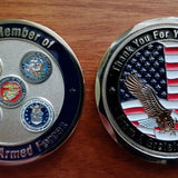 The Original Grateful American Challenge Coin, silver with blue, five branch emblems